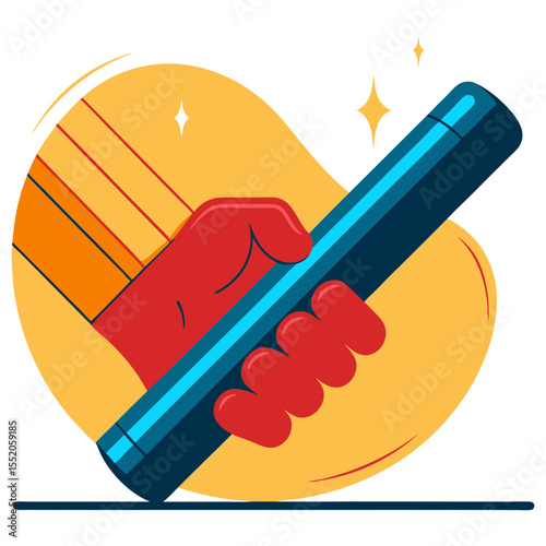 Hand holding baton in flat style with yellow background
