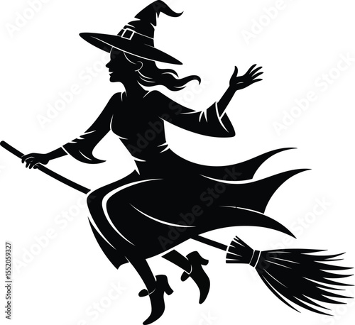 Black vector silhouette illustration of a witch flying on a broom with a cat, perfect for Halloween art and fantasy designs