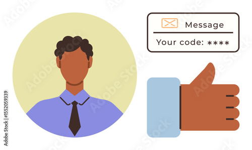 Profile of a person, authentication code displayed in message box, and thumbs-up approval gesture. Ideal for identity, security, verification, trust, confirmation, access and communication concepts