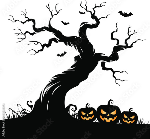 Spooky Halloween night with a scary pumpkin, bats, and a witch on a tree silhouette illustration