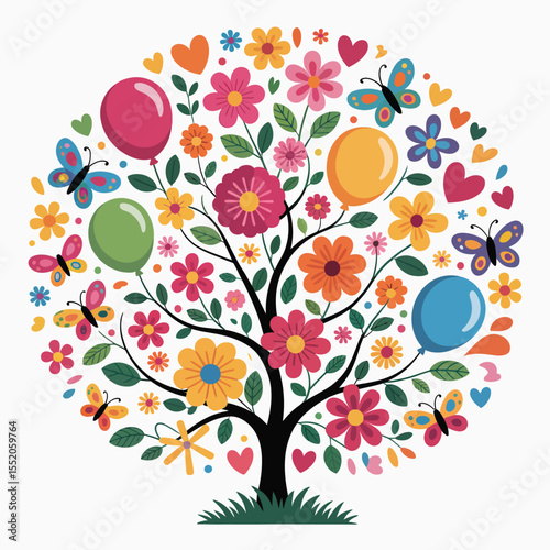 Whimsical tree of life with colorful flowers butterflies and balloons