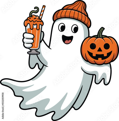 Funny cartoon vector illustration of a happy Halloween pumpkin character drawing with a comical face