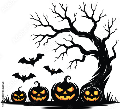 Spooky Halloween pumpkin with bats, a scary autumn night illustration