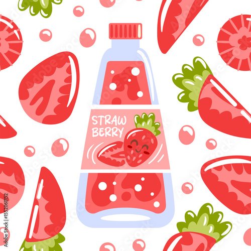 A seamless pattern showcasing strawberry soda in glass bottles, adorned with vibrant strawberry pieces. This lively design captures the essence of summer, bringing a refreshing and playful atmosphere