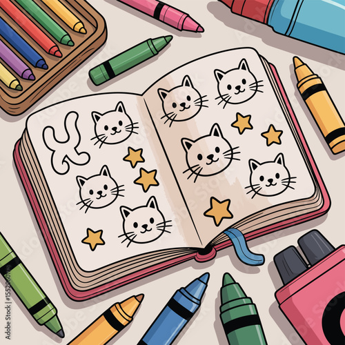 Cute cat doodles and colorful crayons scattered around an open sketchbook