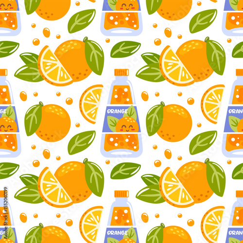 A seamless pattern featuring orange soda in glass bottles, complemented by vibrant citrus pieces. This cheerful design captures the refreshing essence of summer, adding a zesty and lively touch