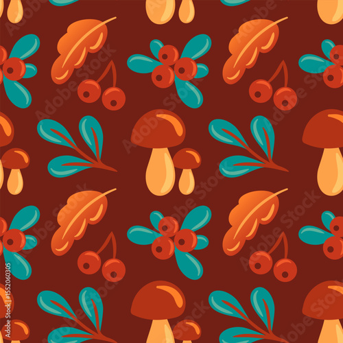 This autumn pattern features mushrooms, leaves, and berries, capturing the essence of fall. Ideal for seasonal projects, textiles, and decor, it brings warmth and a natural touch to any design.