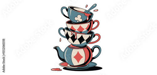 Whimsical stacked teacups and teapot with playing card motifs and spilled liquid