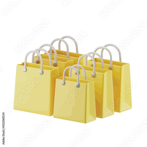 Collection of yellow shopping bags with white handles arranged in a group
