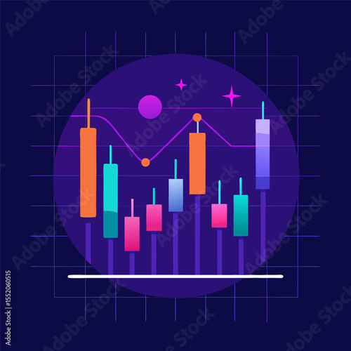 "Vector Financial Chart with Candlestick, Bar Graphs, and Trend Lines – Stock Market Data Visualization"