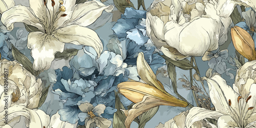 Opulent Floral Seamless Pattern Oil Painted Vector Illustration for Luxury Decor and Apparel