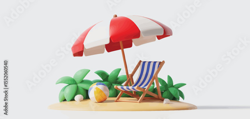 Relaxing beach scene with striped umbrella lounge chair and beach ball