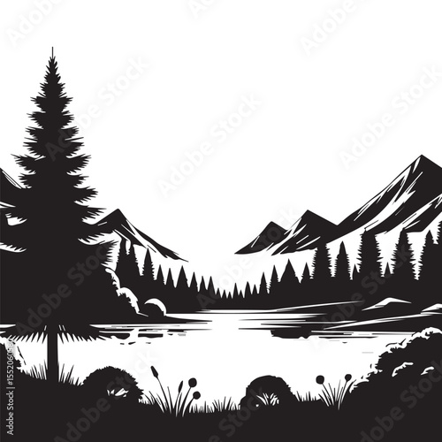 natural scenery background, mountains, lake, black and white, editable vector image