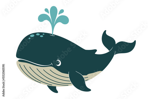 Cute cartoon whale spouting water with a smiling face and flippers