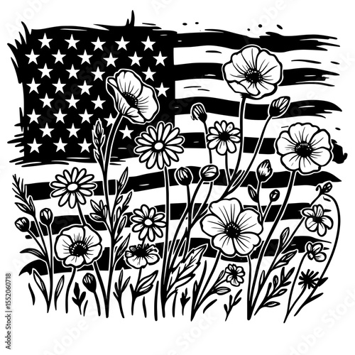 Torren American Flag with wild floral silhouette vector illustration 