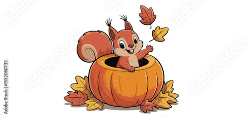 Cute cartoon squirrel waving happily from inside an autumn pumpkin surrounded by fall leaves