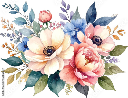 Romantic watercolor flowers on white canvas. Hand-drawn floral clipart for wedding decor. Botanical watercolor arrangement for design. Bright vintage floral bouquet watercolor
