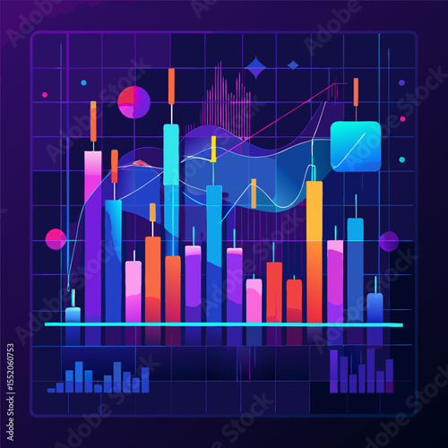 "Vector Financial Chart with Candlestick, Bar Graphs, and Trend Lines – Stock Market Data Visualization"