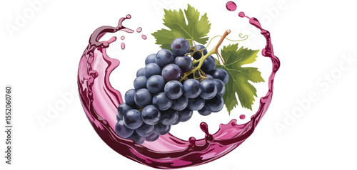 Fresh dark grapes with splash of red wine and green leaves