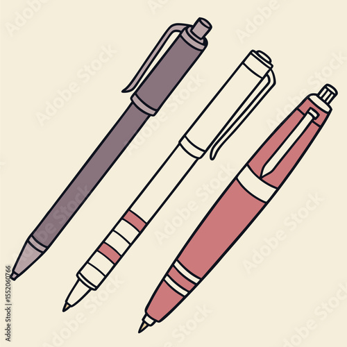 Three assorted colorful pens for writing and drawing on a light background