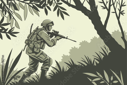 Camouflaged Soldier in Jungle - A Digital Illustration
