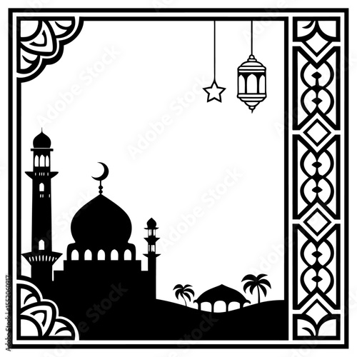 Islamic decorative frame with mosque minaret dome palm trees and lanterns