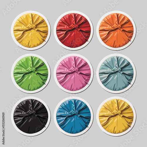 Nine colorful tied trash bags arranged in a grid pattern on a gray background