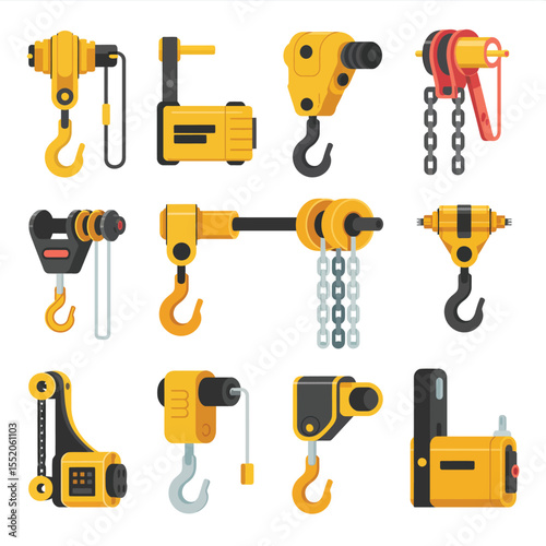 Collection of yellow and black industrial hoist and crane components
