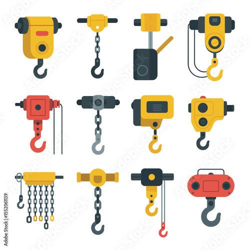 Collection of twelve flat design industrial chain hoists and electric winches