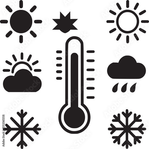 Weather icons showing sun cloud rain snow and thermometer with temperature scale in black