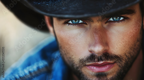 acercamiento del rostro o cara de un atractivo vaquero fuerte y masculino con ojos azules rubio con barba mirando a la camara con su tejana posando para retrato 