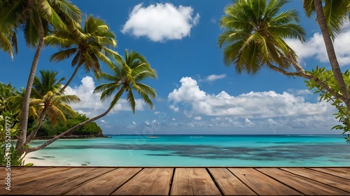 Tropical beach scene with palm trees, turquoise water, and wooden foreground.