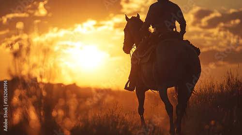 silueta de un vaquero cabalgando montando a caballo relajado disfrutando de un hermoso paisaje con la puesta del sol en el rancho o el campo en la naturaleza