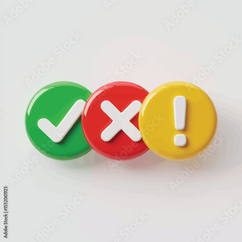 Three colorful buttons with check mark cross and exclamation mark symbols