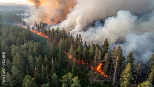 Aerial view of a raging forest fire burning through dense pine trees with thick smoke plumes rising