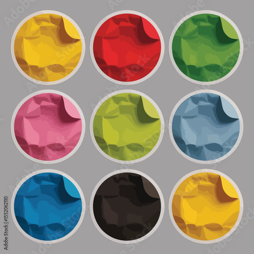 Collection of nine colorful crumpled paper circles arranged in a grid