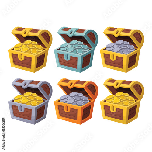 Collection of six open treasure chests filled with gold and silver coins