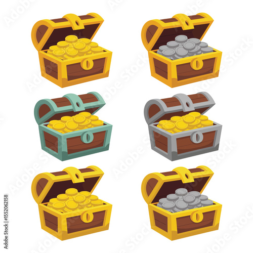 Collection of six cartoon treasure chests filled with gold and silver coins