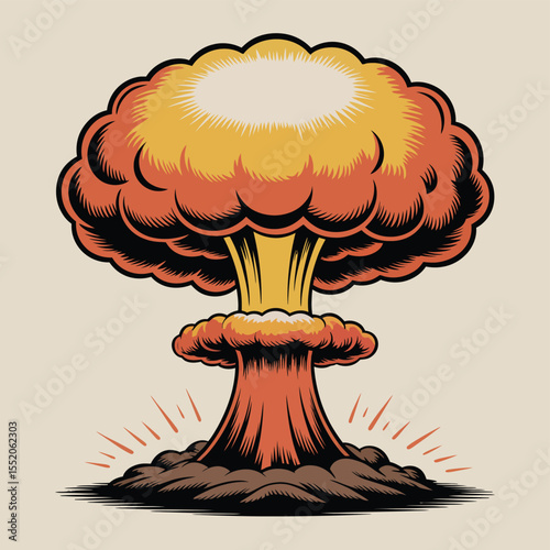 Stylized mushroom cloud explosion illustration with vibrant orange and yellow hues