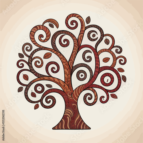 Stylized tree of life with swirling branches and autumnal colors