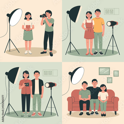 Diverse families and individuals posing for professional studio portraits with lighting equipment