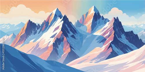 Sun-kissed Himalayan peaks at sunset, a serene alpine landscape of snow and ice under a vast sky, perfect for winter travel