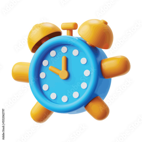 Cute 3d cartoon alarm clock with blue face and yellow bells