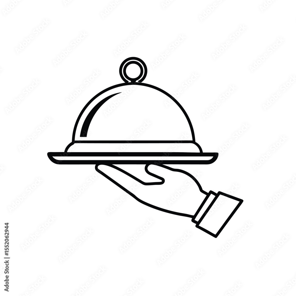 Fototapeta premium Minimalist Line Drawing of Waiter Hand Holding Serving Tray with Cloche – Black and White Illustration