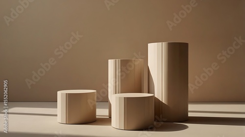 Four cylindrical platforms of varying heights are arranged in a studio setting.