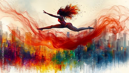 Woman doing a grand jeté over abstract colorful city. Concept of freedom, success, and overcoming challenges. Active lifestyle footage.