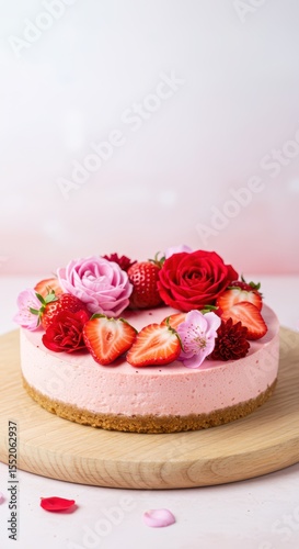 Delicious pink strawberry cheesecake with fresh strawberries and spring flowers. Homemade dessert for a special occasion like Mother's Day, anniversary, birthday or Valentine's Day sweet treat.