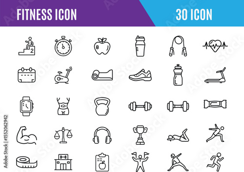  Fitness editable stroke icon. Fitness Line Editable Icons set. types of physical activity, proper nutrition, jumping rope, fitness icon.