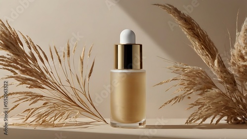A bottle of foundation sits between dried grasses, with a soft, neutral background.