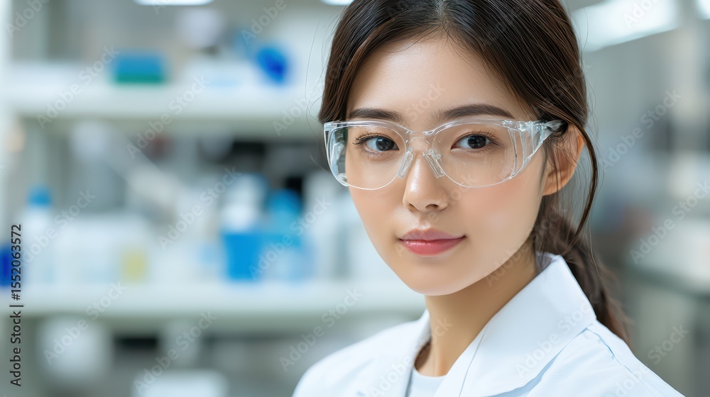 Fototapeta premium Focused Female Scientist in Laboratory Setting with Safety Glasses and Lab Coat for Research and Experimentation